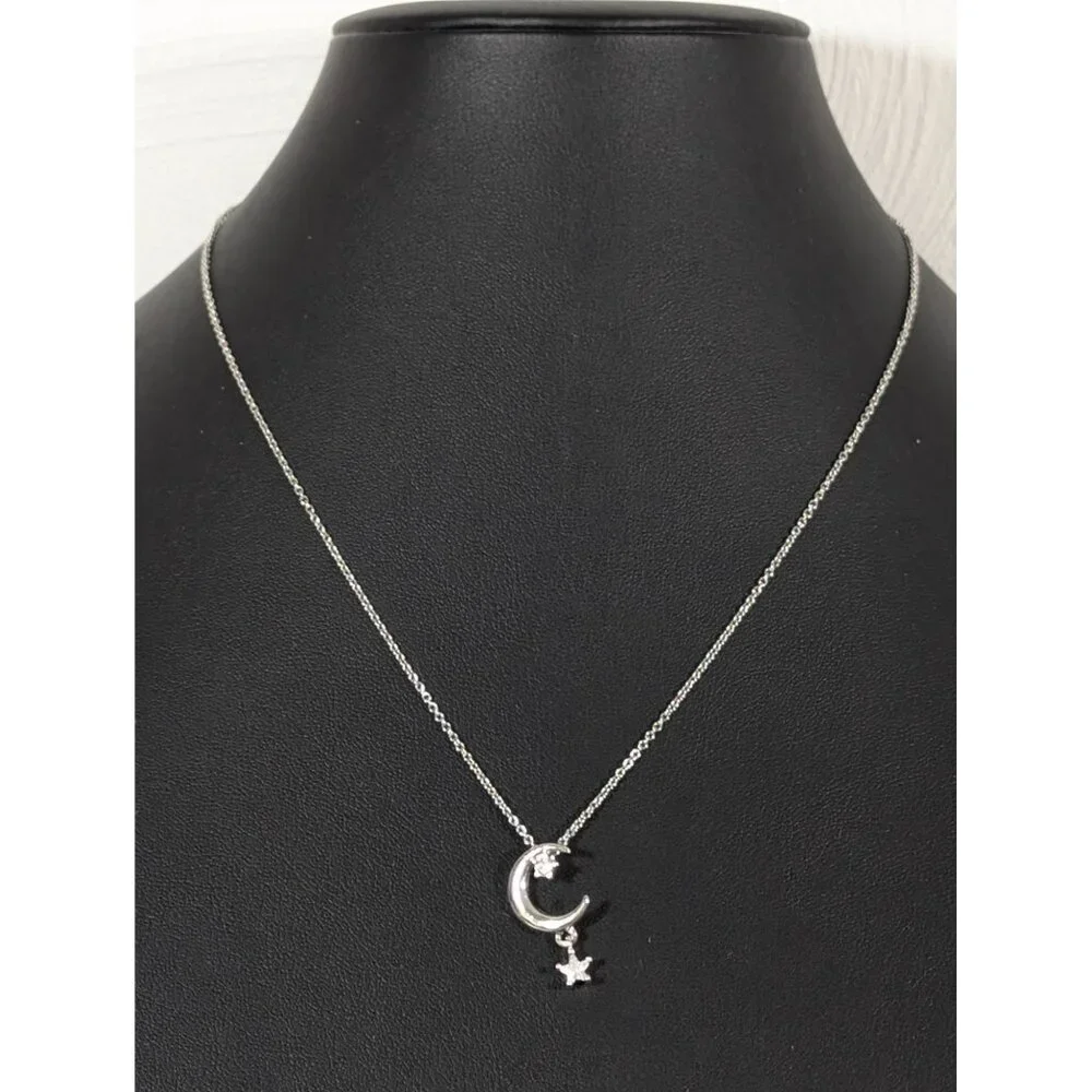 Silver Tone Rhinestone‎ Crescent Moon Star Charm Necklace Dainty 18